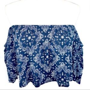Blue Blush M blue & white paisley BOHO off-shoulder flare sleeve bando crop top